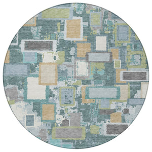 HomeRoots 8' Teal Blue Green Ivory Round Geometric Area Rug - Stylish, Washable, Indoor/Outdoor Essential! 640126