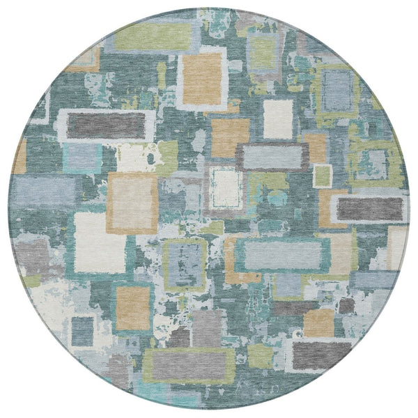 HomeRoots 8' Teal Blue Green Ivory Round Geometric Area Rug - Stylish, Washable, Indoor/Outdoor Essential! 640126