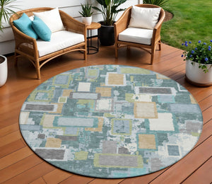 HomeRoots 8' Teal Blue Green Ivory Round Geometric Area Rug - Stylish, Washable, Indoor/Outdoor Essential! 640126