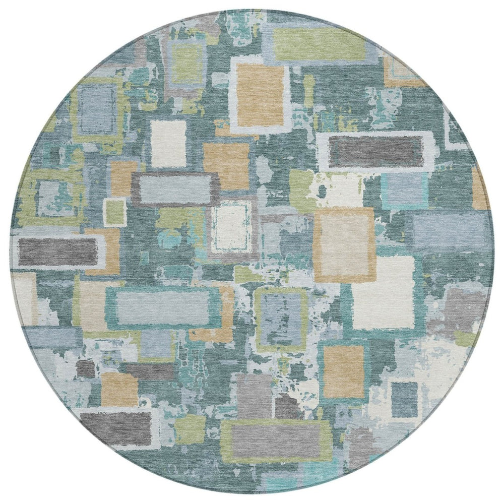 HomeRoots 8' Teal Blue Green Ivory Round Geometric Area Rug - Stylish, Washable, Indoor/Outdoor Essential! 640126