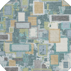 HomeRoots 8' Teal Blue Green Ivory Round Geometric Area Rug - Stylish, Washable, Indoor/Outdoor Essential! 640126