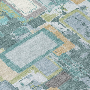 HomeRoots 8' Teal Blue Green Ivory Round Geometric Area Rug - Stylish, Washable, Indoor/Outdoor Essential! 640126
