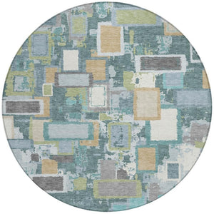 HomeRoots 8' Teal Blue Green Ivory Round Geometric Area Rug - Stylish, Washable, Indoor/Outdoor Essential! 640126