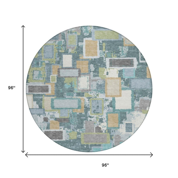 HomeRoots 8' Teal Blue Green Ivory Round Geometric Area Rug - Stylish, Washable, Indoor/Outdoor Essential! 640126