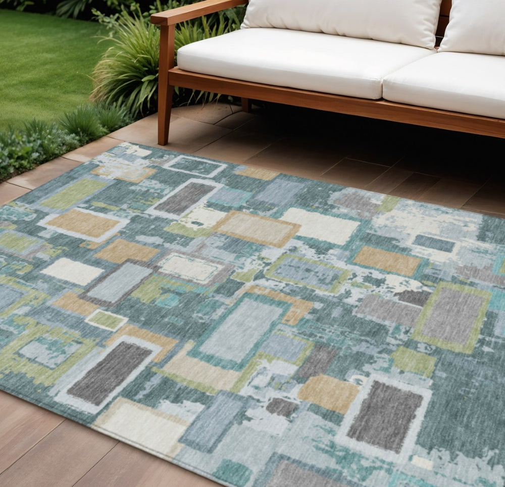 HomeRoots 8' X 10' Modern Geometric Teal Blue Green Ivory Area Rug – Durable, Washable, Indoor/Outdoor Style! 640127