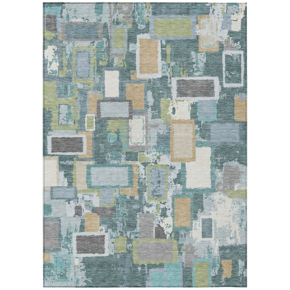 HomeRoots 8' X 10' Modern Geometric Teal Blue Green Ivory Area Rug – Durable, Washable, Indoor/Outdoor Style! 640127