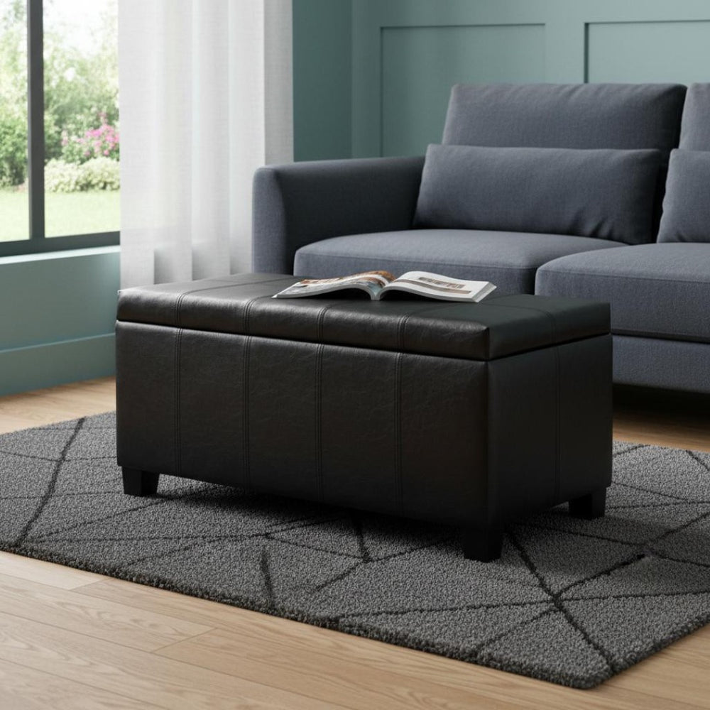 HomeRoots 36" Stylish Dark Brown & Black Upholstery Storage Ottoman: Versatile Seating, Footrest & Organizer 640136