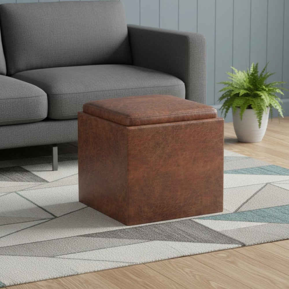 HomeRoots 17" Brown Upholstered Storage Ottoman - Stylish Multi-Functional Seat with Hidden Storage for Small Spaces 640143
