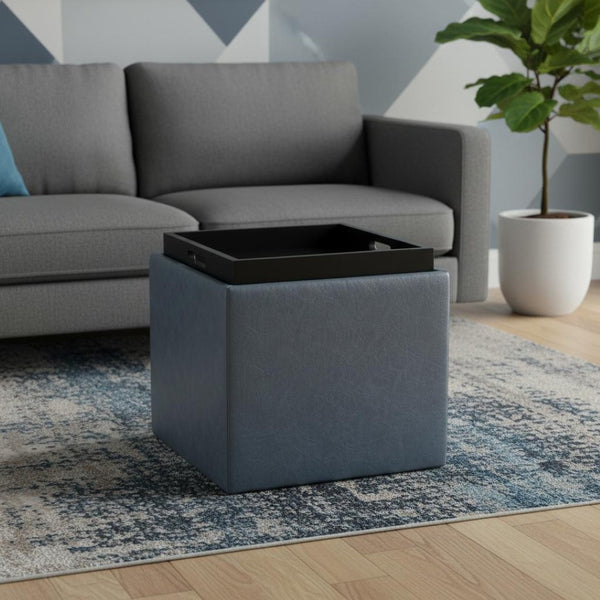 HomeRoots 17" Stylish Denim Blue Upholstered Storage Ottoman - Versatile Seating & Clutter Solution for Any Room 640148