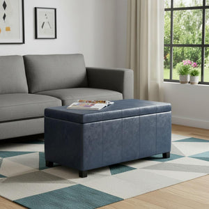 HomeRoots 36" Stylish Dark Brown and Denim Blue Upholstered Storage Ottoman - Versatile Seating & Hidden Storage 640150