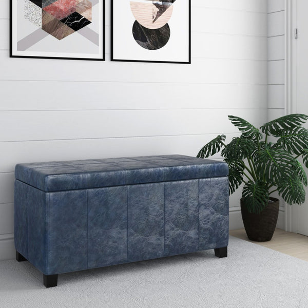 HomeRoots 36" Stylish Dark Brown and Denim Blue Upholstered Storage Ottoman - Versatile Seating & Hidden Storage 640150
