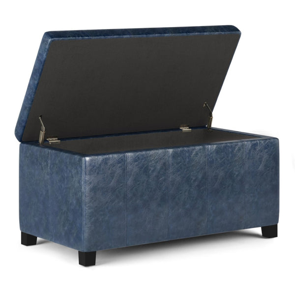 HomeRoots 36" Stylish Dark Brown and Denim Blue Upholstered Storage Ottoman - Versatile Seating & Hidden Storage 640150