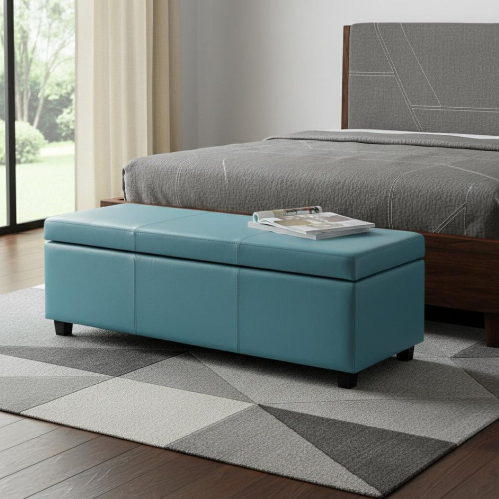 HomeRoots 48" Stylish Dark Brown & Blue Upholstered Storage Ottoman – Multi-Functional Seating & Organizer Solution 640157