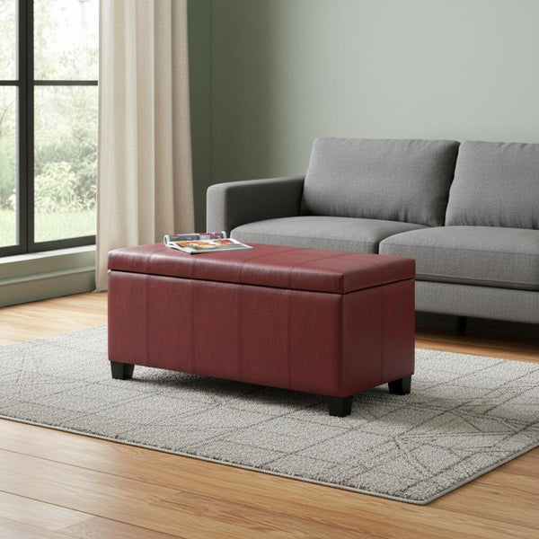 HomeRoots 36" Elegant Dark Brown & Red Upholstered Storage Ottoman: Stylish Seating & Hidden Storage Solution 640159