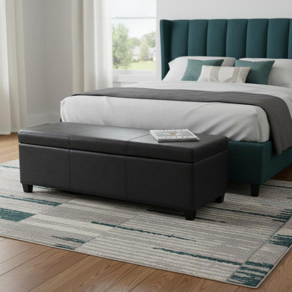 HomeRoots 48" Stylish Dark Brown and Black Upholstered Storage Ottoman - Versatile Seating and Hidden Storage! 640164