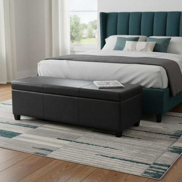 HomeRoots 48" Stylish Dark Brown and Black Upholstered Storage Ottoman - Versatile Seating and Hidden Storage! 640164
