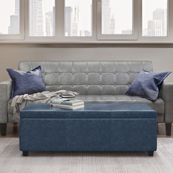 HomeRoots 48" Stylish Dark Brown & Denim Blue Upholstered Storage Ottoman - Multi-Functional Seating & Décor 640170