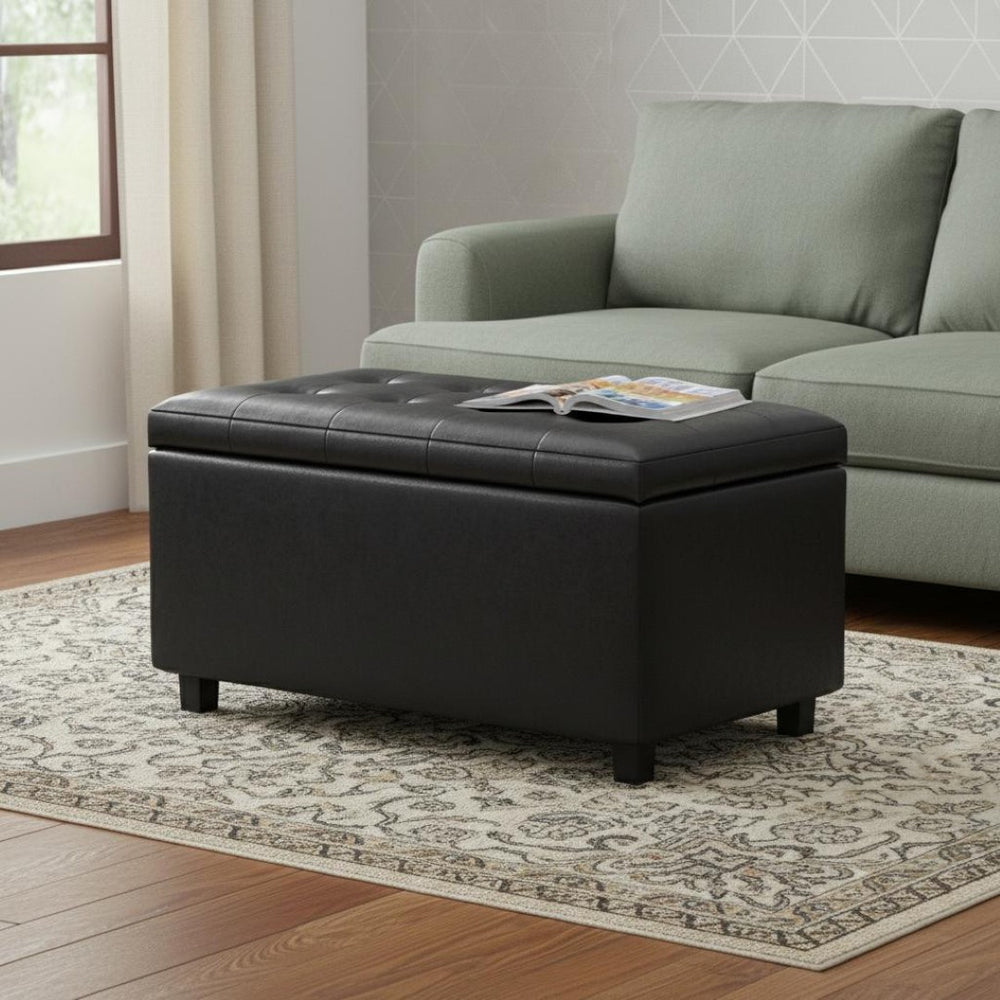 HomeRoots 34" Dark Brown and Black Upholstery Storage Ottoman - Stylish Multi-Purpose Footrest and Seat 640179