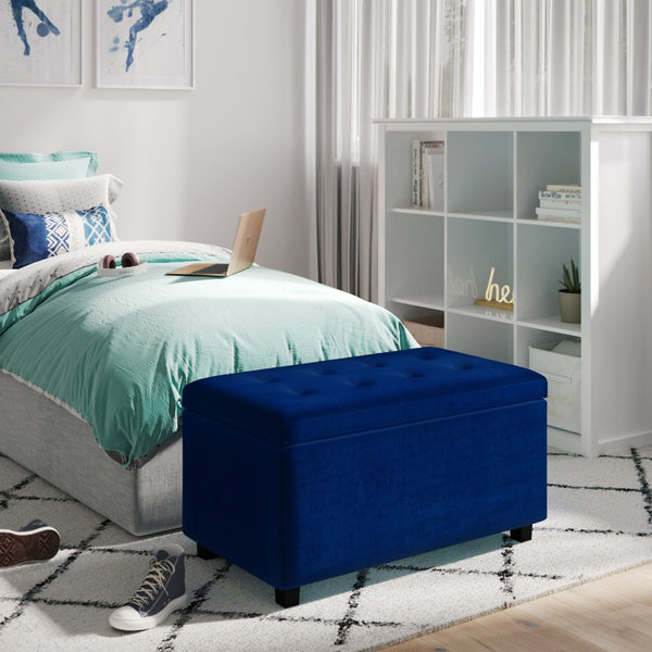 HomeRoots 34" Stylish Dark Brown and Blue Upholstery Storage Ottoman - Versatile Seating and Hidden Storage 640185