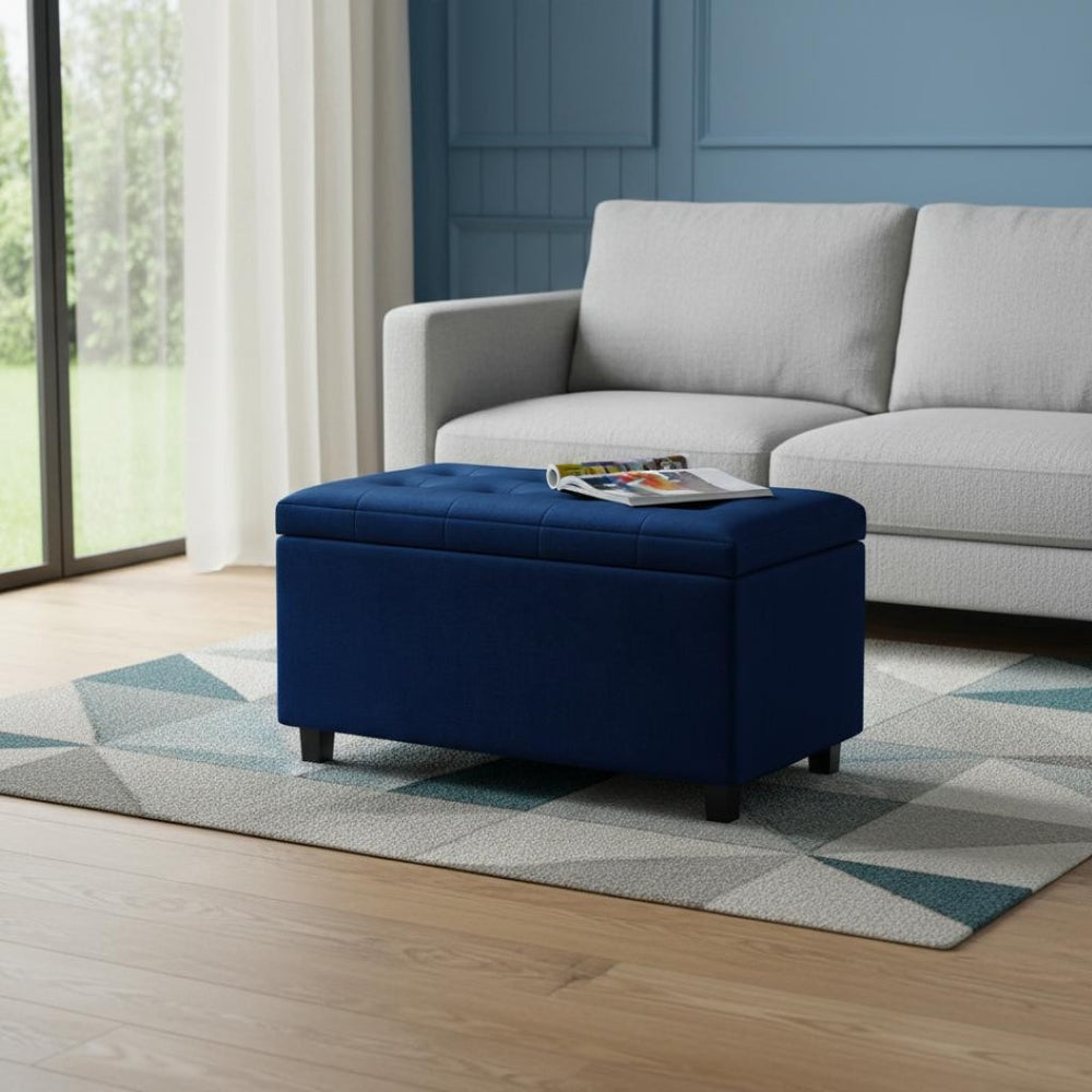 HomeRoots 34" Stylish Dark Brown and Blue Upholstery Storage Ottoman - Versatile Seating and Hidden Storage 640185