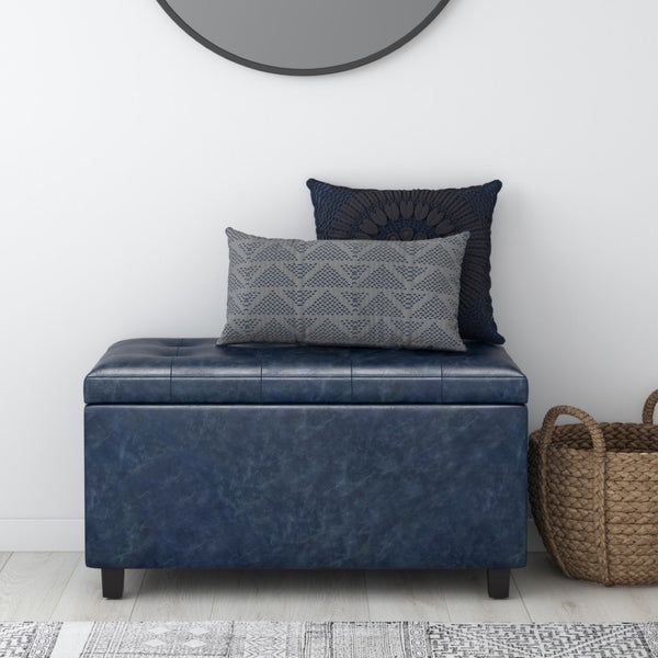 HomeRoots 34" Stylish Dark Brown and Denim Blue Upholstery Storage Ottoman for Stylish Seating & Clutter-Free Living 640188