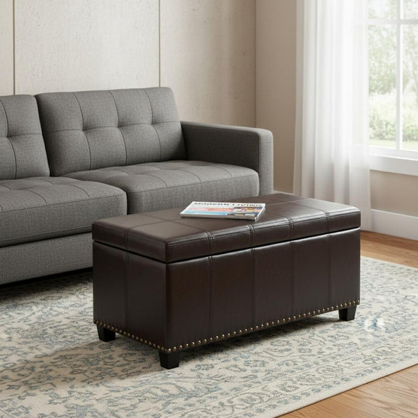 HomeRoots 33" Stylish Espresso & Brown Upholstery Storage Ottoman - Versatile Seating & Hidden Compartment 640192