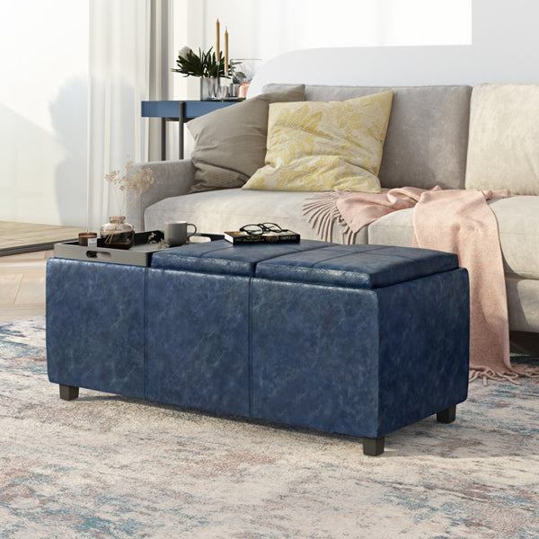 HomeRoots 42" Stylish Denim Blue & Dark Brown Storage Ottoman - Versatile Seating, Footrest, & Hidden Compartment 640193