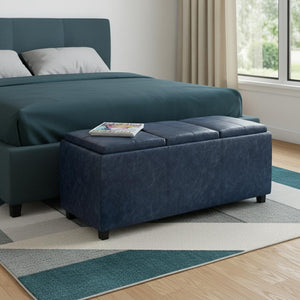 HomeRoots 42" Stylish Denim Blue & Dark Brown Storage Ottoman - Versatile Seating, Footrest, & Hidden Compartment 640193