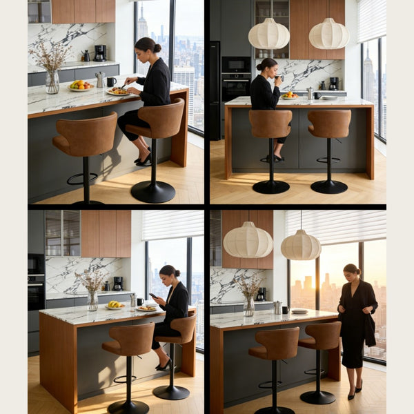 English Elm Modern Oil-wax Upholstered Swivel Barstools with Ergonomic High Back for Kitchen Islands W2920P419851