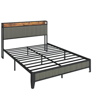 English Elm Queen Upholstered Bed Frame with USB & Outlets, Metal Platform, Vintage Shelf, 10.4" Storage Clearance W1960P162712