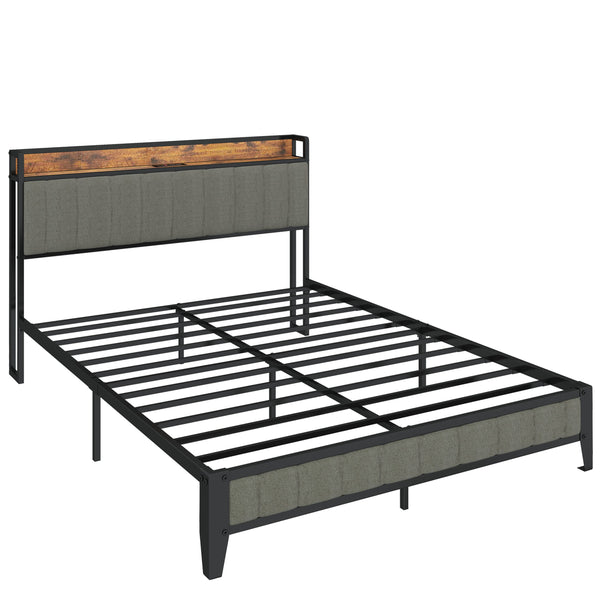 English Elm Queen Upholstered Bed Frame with USB & Outlets, Metal Platform, Vintage Shelf, 10.4" Storage Clearance W1960P162712
