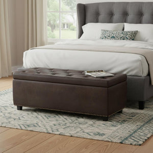 HomeRoots 48" Stylish Dark Brown Upholstered Storage Ottoman - Versatile Seating, Footrest & Hidden Organizer 640200