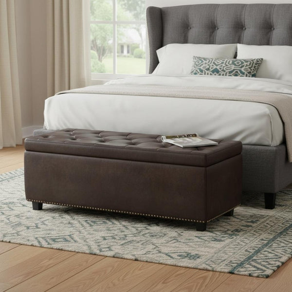 HomeRoots 48" Stylish Dark Brown Upholstered Storage Ottoman - Versatile Seating, Footrest & Hidden Organizer 640200