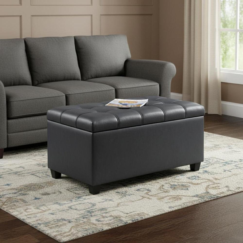 HomeRoots 33" Stylish Espresso and Gray Upholstery Storage Ottoman - Versatile Seating and Hidden Storage Solution 640202