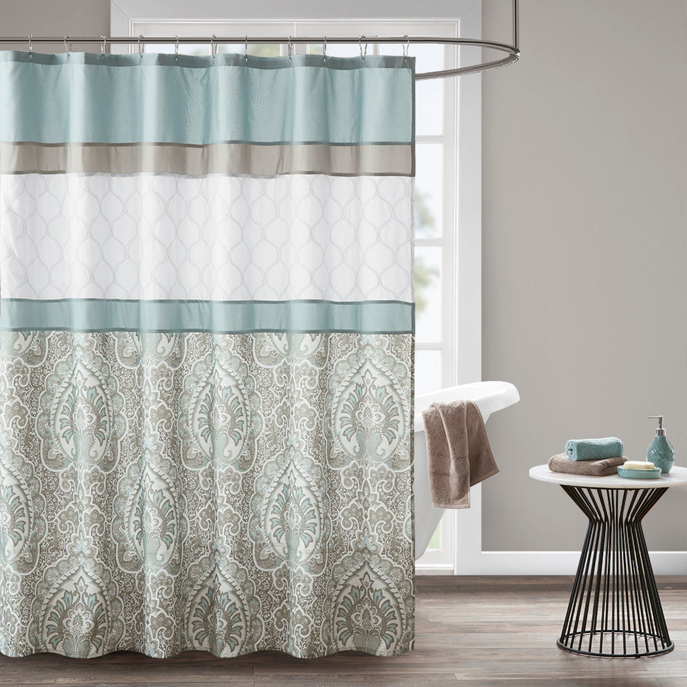 JLA Home 510 Design - Printed Embroidered Shower Curtain in Seafoam Microfiber with Lined Backing, Texture & Machine-Washable Elegance 5DS70-0094