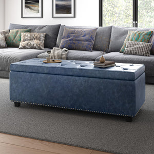 HomeRoots 48" Stylish Denim Blue Upholstery Storage Ottoman - Versatile Seating & Clutter-Free Living Solution 640204