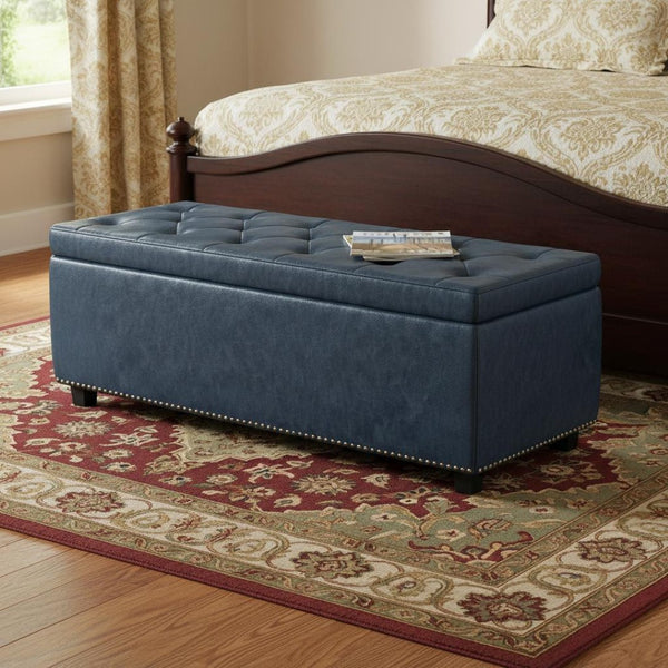 HomeRoots 48" Stylish Denim Blue Upholstery Storage Ottoman - Versatile Seating & Clutter-Free Living Solution 640204