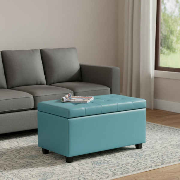 HomeRoots 34" Dark Brown and Blue Upholstered Storage Ottoman - Stylish Seating, Hidden Storage & Versatile Use 640214