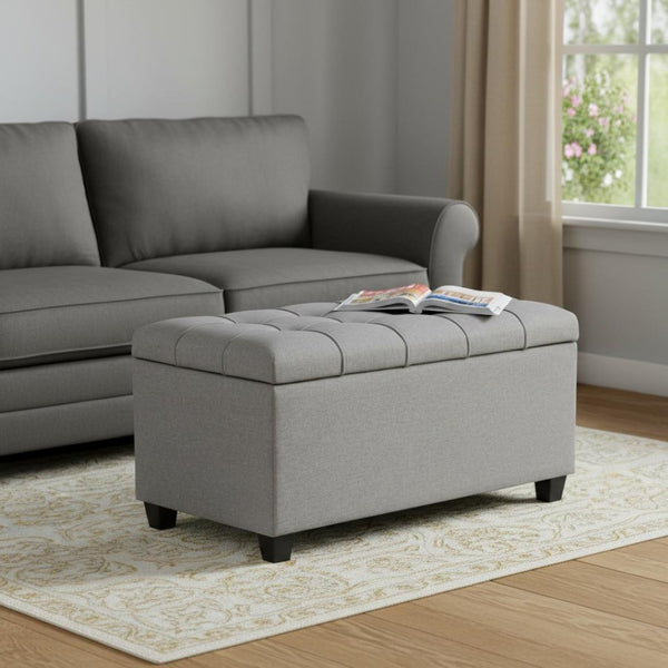 HomeRoots 33" Stylish Gray Upholstered Storage Ottoman with Espresso Legs – Versatile Seating & Hidden Storage 640217