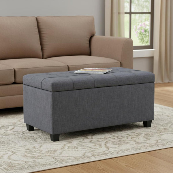 HomeRoots 33" Elegant Slate Gray Upholstery Storage Ottoman with Espresso Legs – Multi-Purpose Seating & Style 640226