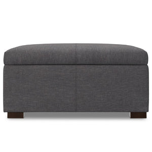HomeRoots 36 Inch Round Storage Ottoman Tufted Upholstered Footrest with Wooden Base for Living Room Slate Gray And Walnut 640235