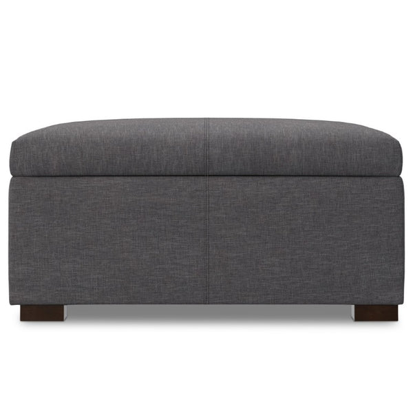 HomeRoots 36 Inch Round Storage Ottoman Tufted Upholstered Footrest with Wooden Base for Living Room Slate Gray And Walnut 640235