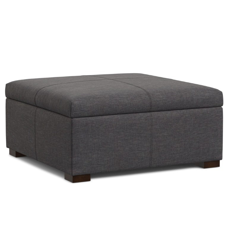 HomeRoots 36 Inch Round Storage Ottoman Tufted Upholstered Footrest with Wooden Base for Living Room Slate Gray And Walnut 640235