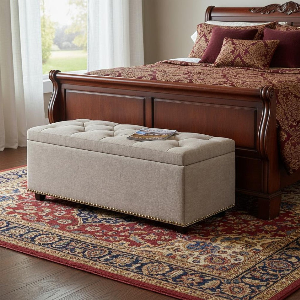 HomeRoots 44" Elegant Dark Brown and Natural Upholstered Storage Ottoman – Stylish Seating & Hidden Compartment 640236