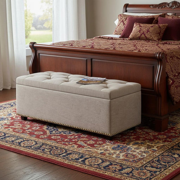 HomeRoots 44" Elegant Dark Brown and Natural Upholstered Storage Ottoman – Stylish Seating & Hidden Compartment 640236