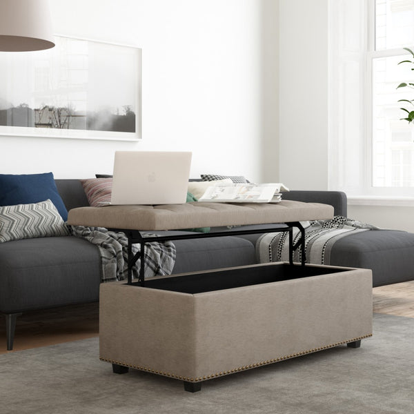 HomeRoots 44" Elegant Dark Brown and Natural Upholstered Storage Ottoman – Stylish Seating & Hidden Compartment 640236