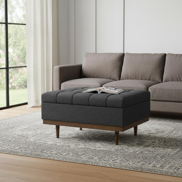 34 Inch Tufted Storage Ottoman in Slate Gray Walnut Base for Living Room Use