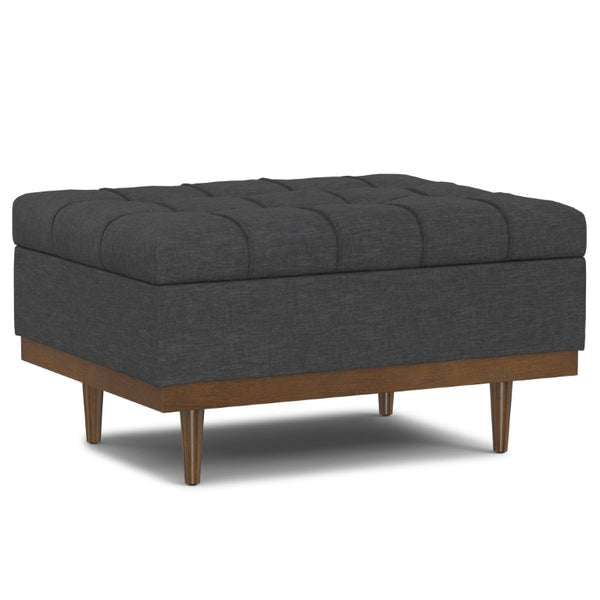 34 Inch Tufted Storage Ottoman in Slate Gray Walnut Base for Living Room Use