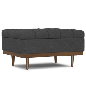 34 Inch Tufted Storage Ottoman in Slate Gray Walnut Base for Living Room Use