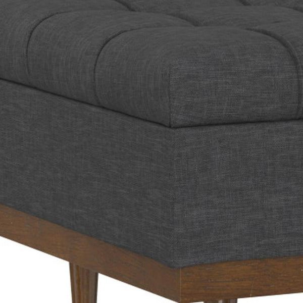 34 Inch Tufted Storage Ottoman in Slate Gray Walnut Base for Living Room Use
